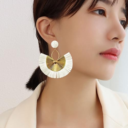 Anmpab Straw Fan Bohemian Tassel Earrings for Women Trendy Colorful Fringe Summer Beach Statement Earrings - color: White