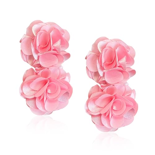 Oversized Fabric Flower Earrings for Women Statement Boho Chic Dangle Drop Earrings for Parties Weddings or Everyday Wear - color: Pink