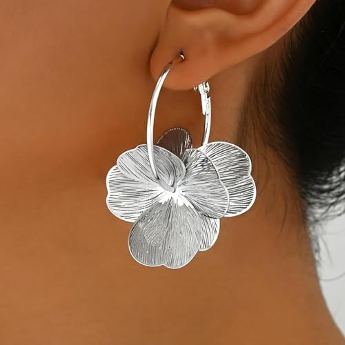 Gold Flower Statement Earrings for Women Boho Trendy Hoop Earrings Floral Dangle Petal Earring Prom Wedding Jewelry Gifts - color: A2:silver