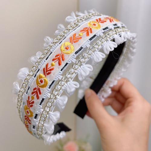 Bohemian Headband for Women-Floral Embroidered Headwrap with Lace Trim Vintage Cute Hair Band for Daily Boho Chic Style (3-White Gold, One Size) - color: 3-White Gold