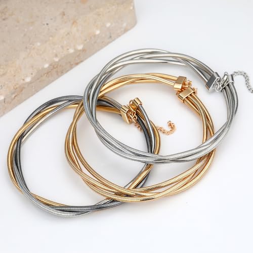 Chunky Gold Collar Choker Statement Necklace for Women Trendy | Gold Plated Layered Twist Flat Thick Snake Herringbone Chain African Torque Necklace Prom Boho Necklaces Party Jewelry Gift - style: 3 Twisted Chain/Gold&Silver