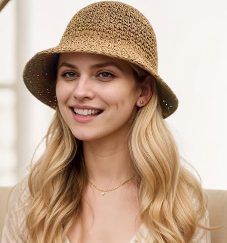 Womens Floppy Straw Sun Hat Packable Wide Brim Summer Beach Hat Foldable Crochet Bucket Hats - color: Khaki 2