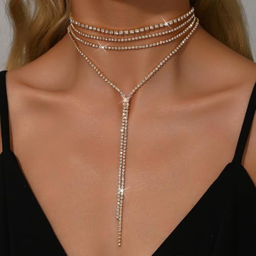 Statement Layered Sparkly Crystal Choker Black Long Tassel Y Necklace for Women, Dainty Multilayer Silver Bling Rhinestone Necklaces Prom Jewelry Gift - color: Gold