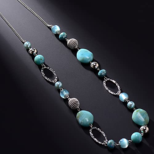 BULINLIN Beaded Long Necklace for Women Silver Sweater Chain Necklace with Crystal Resin Beads, Fashion Jewelry Necklace - color: Turquoise