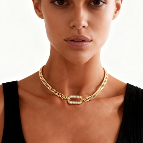 Long tiantian Chunky Gold Necklace Stack Chain Necklaces for Women Statement Layered Paperclip Choker Necklaces Statement Necklace for 80s 90s & Night Out Outfits Paperclip Style Fashion Jewelry - color: A6：rhinestone pendant chain