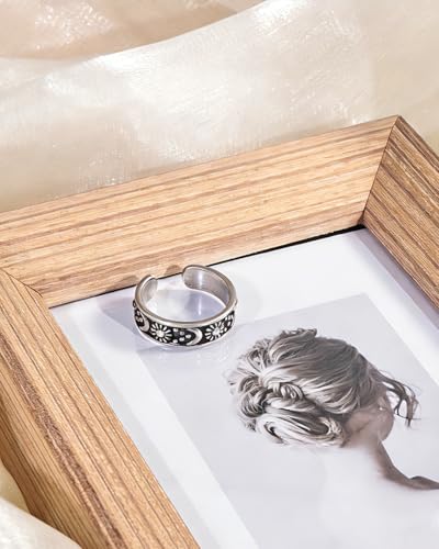 Vintage Bronze Sun and Moon Open Ring with Carving Design for Women Unique Boho Adjustable Ring for Gift - color: Silver