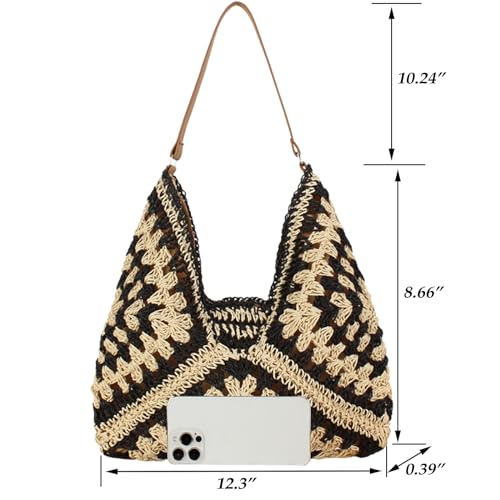 Straw Hobo Bag for Women 2026 Boho Woven Beach Purse Large Summer Straw Tote with Lining Black Raffia Shoulder Bag | straw material - color: Black1 With Khaki Strap