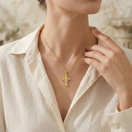 14K Gold Cross Necklace Gold Cross Pendant Necklace Christian Faith Jewelry Gifts for Women - style: E-Celtic Cross