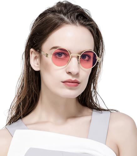 AIEYEZO Round Steampunk Sunglasses for Men Women Retro Circle Hippie Glasses Metal Frame 100% UV Blocking Lens - color: Gold/Clear Pink