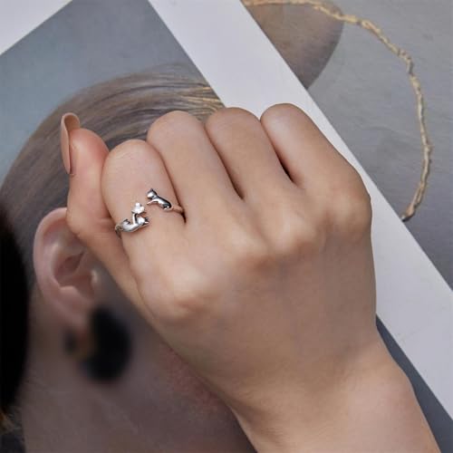 BISAER 925 Sterling Silver Ring Adjustable Cute Unique Cat Snake Butterfly Dragonfly Fashionable Ring For Women Jewelry - color: Silver Cat
