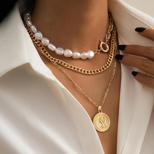 Gold Stack Necklace Chunky Necklaces for Women Trendy Coin Pendant Long Necklaces Western Jewelry for Women Cowgirl Cowboy Chic Country Outfit Boho Accessories Birthday Jewelry Gifts - color: A Layered Pearl Chain Coin Necklaces