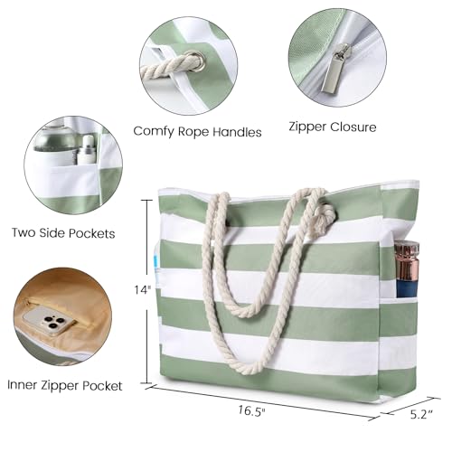 Clothirily Beach Bag for Women - Large Beach Tote Bag, Waterproof Sandproof Beach Bag with Zipper, Large Swim Pool Beach Tote - color: Green