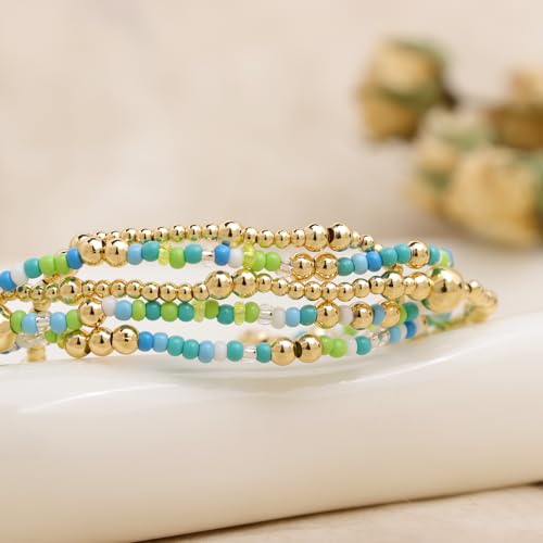 Gold Beaded Stackable Friendship Bracelets Set for Women, Handmade Boho Stretch Summer Jewelry Gift. - color: Gold Blue White Green