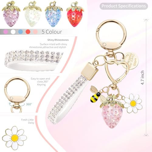 Keychain for Women Girls Bling Heart/Star/Strawberry Key Chain Accessories for Key/Backpack Bag Charm - color: Pink Strawberry