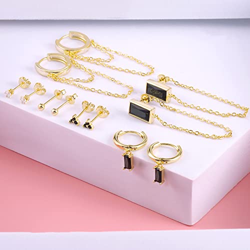 BOUTIQUELOVIN 14K Gold Stud Earrings Set for Women, for Multiple Piercing Silver Plated Studs Earrings and Zirconia Earring Set Small Huggie Hoop Chain Earing - color: 6Pairs Black