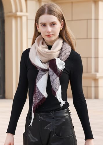 Wander Agio Womens Warm Long Shawl Winter Wraps Large Scarves Knit Cashmere Feel Plaid Triangle Scarf - color: Big Beige Khaki 22