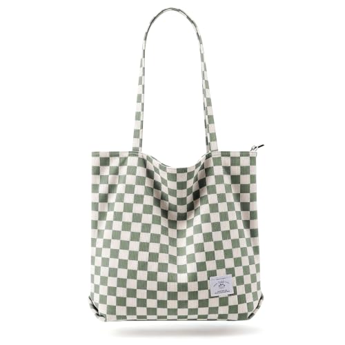 KALIDI Women Corduroy Tote Bag Zipper Casual Tote's Handbag Big Capacity Shoulder Bag with Pockets - color: Checkerboard Green