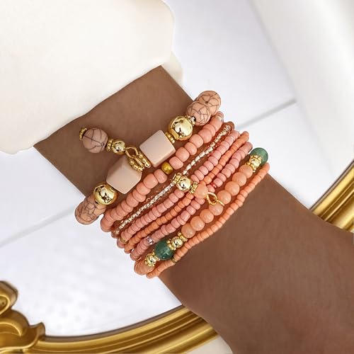 IFKM 8PCS Beaded Bracelets for Women, Multilayered Stackable Strand Stretch Bead Bracelet Pack Handmade Trendy Bohemian Charm Jewelry - color: Pink