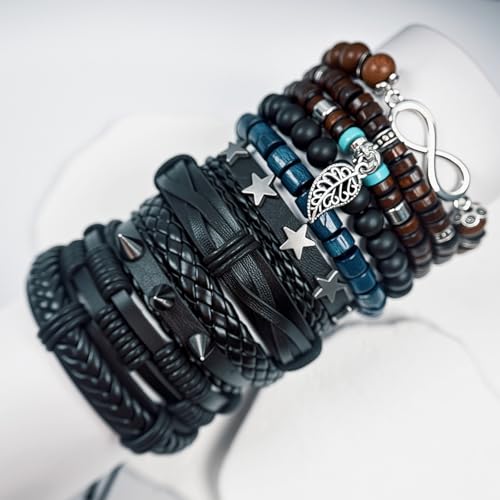 Punk Braided Leather Bracelets for Men Women Gothic Wood Beaded Tribal Wrap Wristband Grunge Emo Multilayer Adjustable Mens Bracelet in Black Brown Fathers Day Gift - color: Star