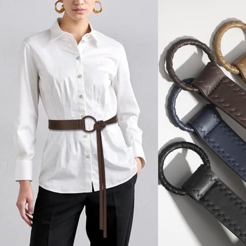 Knotted Waist Belt for Women PU Leather Thin Strap Belt for Dresses - color: Coffee