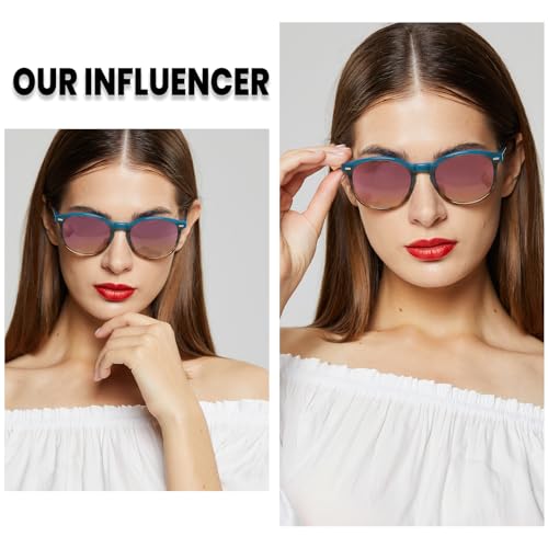 DUCO Women's Trendy Retro Round Acetate Polarized Sunglasses, UV400 99% Glare Block, Lightweight for Daily & Outdoor - color: Blue Tortoise Frame Pink Mirror