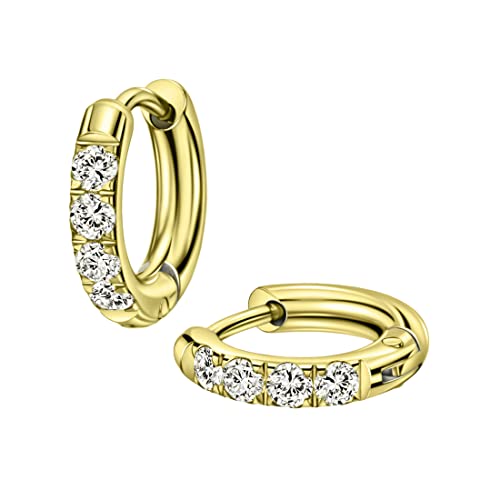 316L Surgical Stainless Steel Huggie Hoop Earrings with Cubic Zirconia, 10G 12G 14G 8-20mm Cartilage Lobe Earrings, 14G Piercing Jewelry - style: 10G 8mm Gold Clear CZ