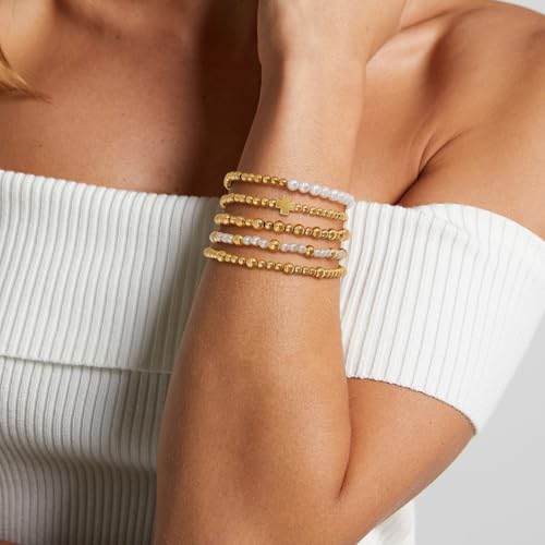 VIBILIA Gold Beaded Bracelets Set for Women 14K Gold Plated Dainty Pearl Cross Bracelet Stack Stretch Bracelet Set Fashion Accessories Gifts - color: 5P-FZZ-White