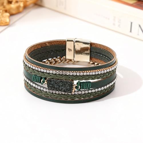 Long tiantian Leather Wrap Bracelets Boho Bracelets for Women Rhinestone Leather Bangles Boho Western Outfit Accessories Jewelry Gifts - color: green
