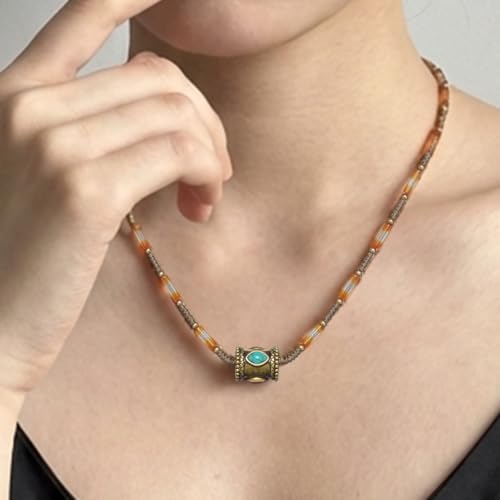 Zenwuxiang Tibetan Mani Stone Agate Necklace, Boho Ethnic Necklace with Natural Agate Beads, Lulutong Bead & Brass Charm, Vintage Tibetan Protection Jewelry