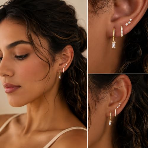 Poxtex Small Sterling Silver Huggie Hoop Earrings Set for Women, Hypoallergenic 14K Gold Plated Hoops Stacks for Multiple Piercings, Dainty Cute Mini Lightweight Cartilage Studs Trendy Jewelry Gift - color: Gold-dangle climber