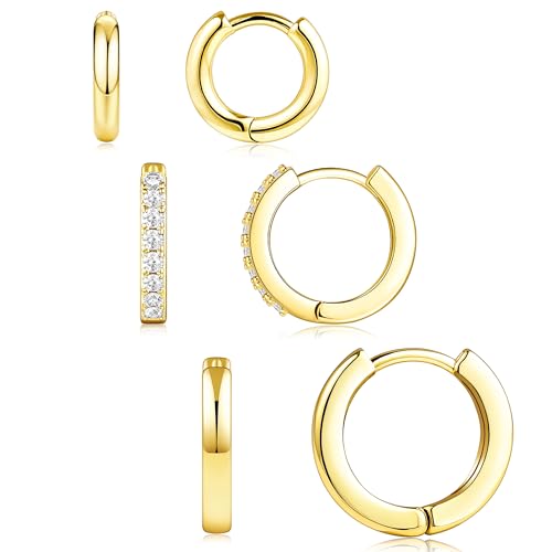 Poxtex Small Sterling Silver Huggie Hoop Earrings Set for Women, Hypoallergenic 14K Gold Plated Hoops Stacks for Multiple Piercings, Dainty Cute Mini Lightweight Cartilage Studs Trendy Jewelry Gift - color: Gold-mix hoops 81012