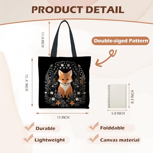 Preppy Animal Tote Bag, Pet Canvas Tote Bag, Reusable Grocery Shopping Shoulder Bags - color: Fox