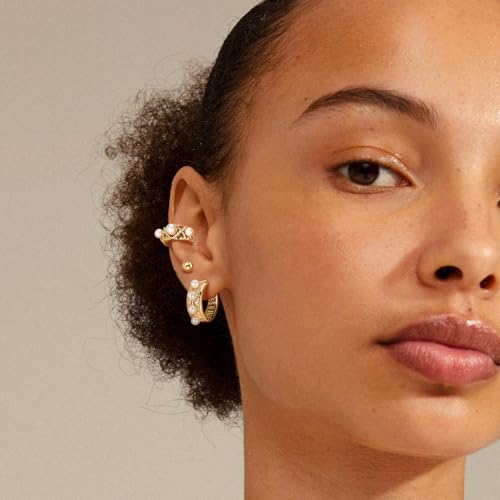 MEVECCO Ear Cuff Non Piercing for Women 18K Gold Plated Dainty Ear Cuff Earring Stacks Cartilage Clip On Wrap Huggie Minimalist Fake Piercings Open Hoops Jewelry Gifts - style: pearl