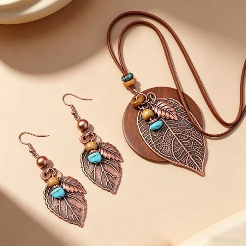 Wooden Leather Necklaces Set Bohemian Wood Stack Discs Long Chain Hemp Rope Bronze Plated Pendant Ethnic Tribal Fall Leaf Earrings Jewelry Statement Necklace - color: R-020