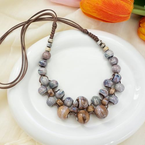 Boho Round Colorful Ceramic Beaded Necklace, Adjustable Hippie Statement Necklace, Handmade Ethnic Jewelry Gift for Women - color: Brown