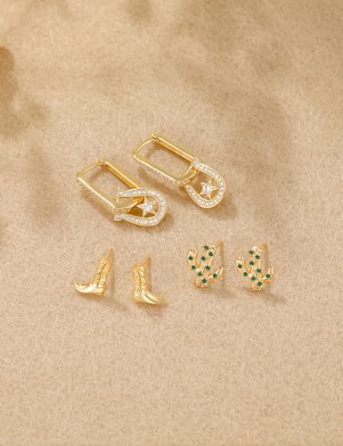Mameloly Cowgirl Earrings for Women CZ 14K Gold Plated Western Cowboy Hat Dangle Hoop Earrings Cute Jewelry Hypoallergenic - color: Boot Stud