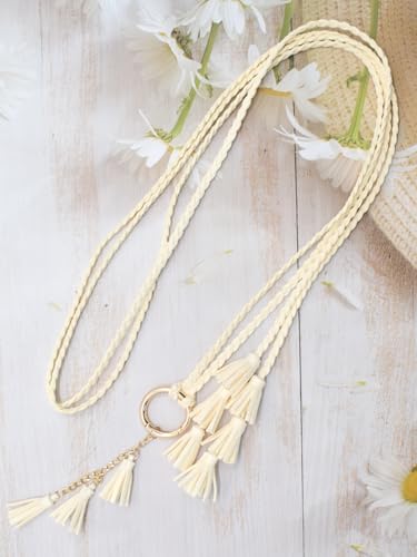 TeeYee Women Girls Multi Colors Braided Waist Tie Belt/Rope/Chain with Tassel Fringe Wrap Cloth Belts for Ladies Dress Pants - color: 286beige