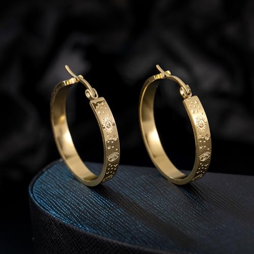 Stainless Steel Hoop Earrings for Women Gold Tone Geometric, Huggie Heart Twisted Minimalist Engraved Designs for Daily Wear - color: Gold-Hoop_30*4*1.4mm