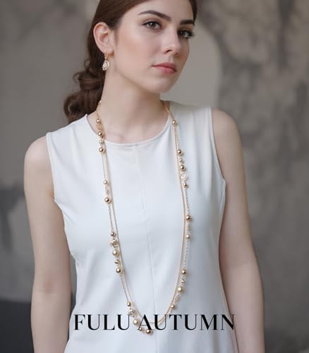 FULU AUTUMN Boho Gold Long Necklaces for Women Natural Stone Beaded Layered Long Necklace Mothers Day Gifts Dainty Flower Costume Jewelry for Women - color: Gold