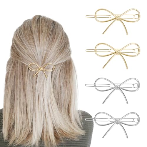 4Pcs Metal Hairpins with Chic Minimalist Bows - Simple and Stylish Hair Accessories Gift for Women and Girls - color: Gold and Silver