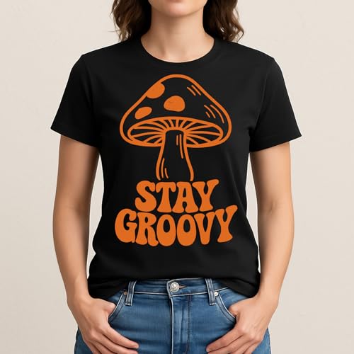 Stay Groovy Mushrooms T-Shirt– Retro Aesthetic Apparel – 100% Cotton Unisex Tee - color: Black, size: X-Large