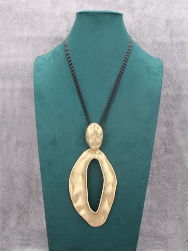 GelConnie Leather Necklace for Women Large Pendant Long Brown Necklace Circle Leather Choker Vintage Sweater Necklace Gold Chunky Boho Necklaces for Women - style: Big Gold Long Necklace