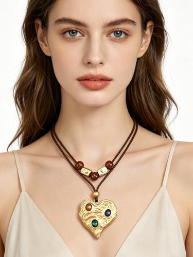 Bohemian Necklaces for Women Long Leather Necklace with Large Pendant Chunky Boho Hippie Jewelry Pendant Chocker Necklace - style: Boho Chunky Gold Necklace