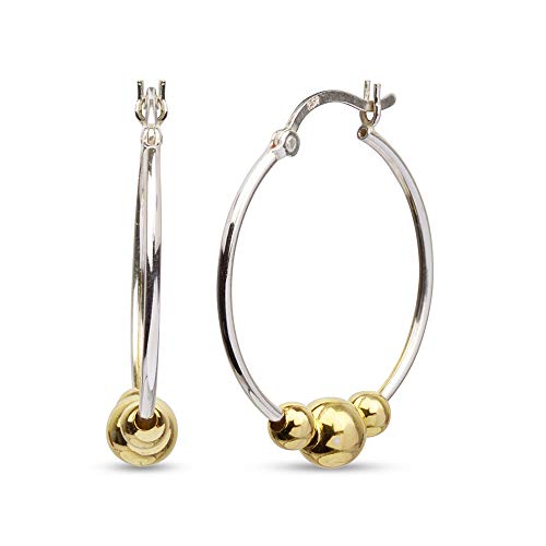 LeCalla 925 Sterling Silver Beaded Ball Hoop Earrings | Lightweight Sleeper Bead Ball Earring Hoops | Cape Style Hoop Earrings for Women - color: Dainty Two Tone