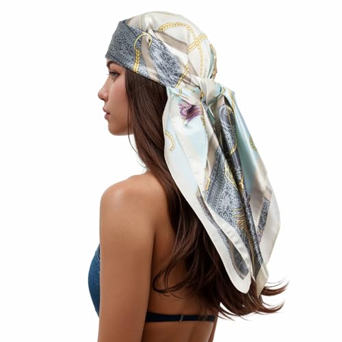RIIQIICHY Head Scarf for Women Like Silk Scarf Hair Scarf Printed Square Scarf Bandanas for Women 35 Inches - color: Blue/Grey