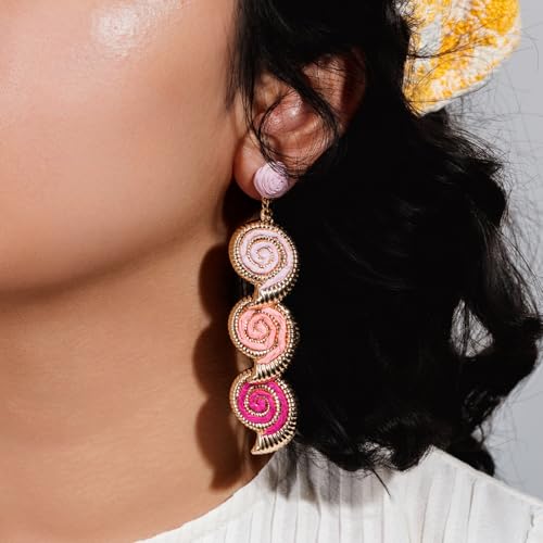 Boho Raffia Earrings Starfish Shell Seashell Dangle Drop Earrings Cute Statemnet Trendy Jewelry Summer Beach Outfits for Women - color: Pink, size: Seashell