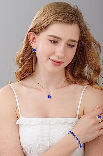 Paxuan 4pcs Cubic Zirconia Wedding Jewelry Sets for Bride Bridesmaid Cubic Zirconia Pendant Necklace Earrings Link Tennis Bracelet Open Ring Set for Women - color: Gold Plated Sapphire Cubic Zirconia