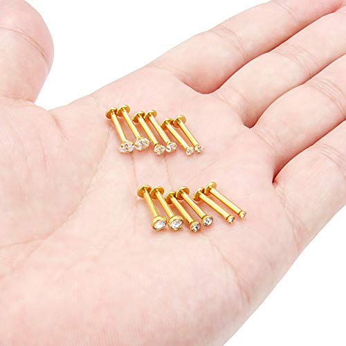 SCERRING 6 Pairs 14G Stainless Steel Clear CZ Internally Threaded Labret Monroe Lip Tragus Cartilage Helix Earring Ring Body Piercing Jewelry 6-10mm - style: 10mm Gold