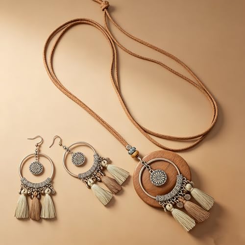 Wooden Leather Necklaces Set Bohemian Wood Stack Discs Long Chain Hemp Rope Bronze Plated Pendant Ethnic Tribal Fall Leaf Earrings Jewelry Statement Necklace - color: R-041