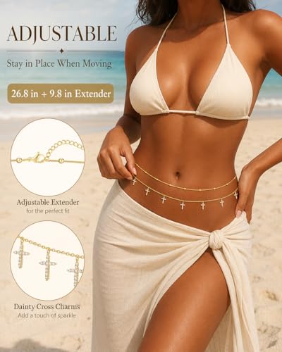 Waist Chain for Women 14K Gold Plated Waist Beads Belly Chain Dainty Layered Body Chain Belt Beach Jewelry for Women Sexy Waterproof Non Tarnish Adjustable Summer Jewelry Accessories - style: satellite & cross